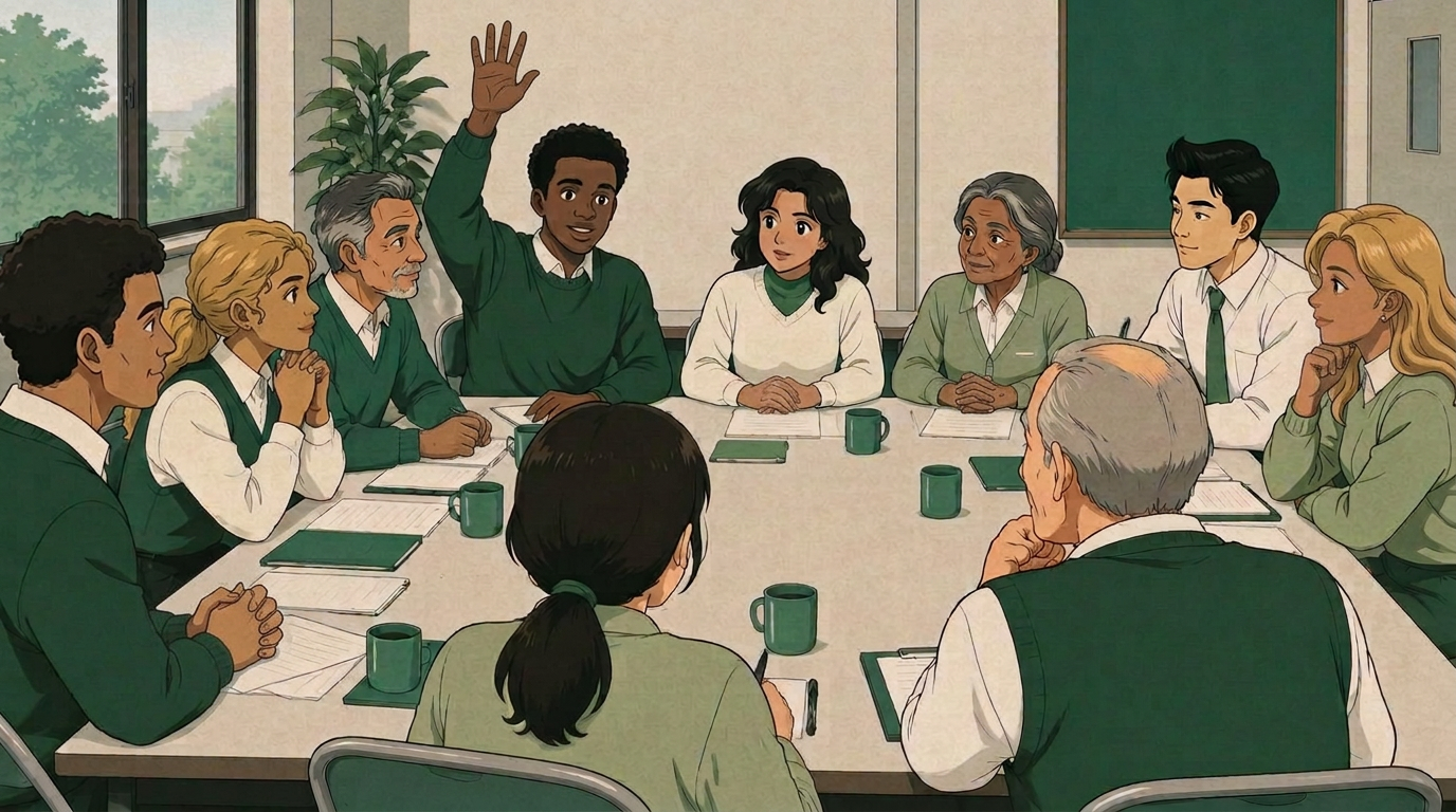 Illustration : une assemblée de sociétaires vote autour d'une table
